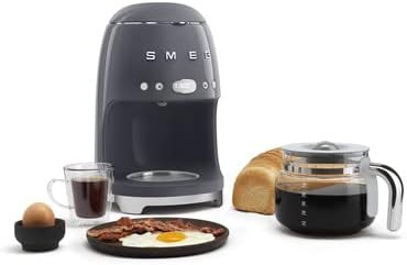 Smeg 50's Retro Style Aesthetic Drip Coffee Machine with 10 Cup Glass Carafe, Auto Start Feature, Keep Warm Plate, and Two Coffee Strength Settings (Grey)