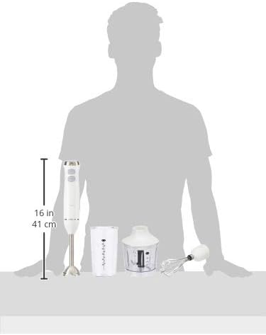 Amazon Basics 300W 4-In-1 Immersion Blender Handheld, Emulsion Blender With Blending Stick, Whisk, Chopper and Beaker, Continuous Speed Control And Turbo Mode, 5-ft Power Cord, White