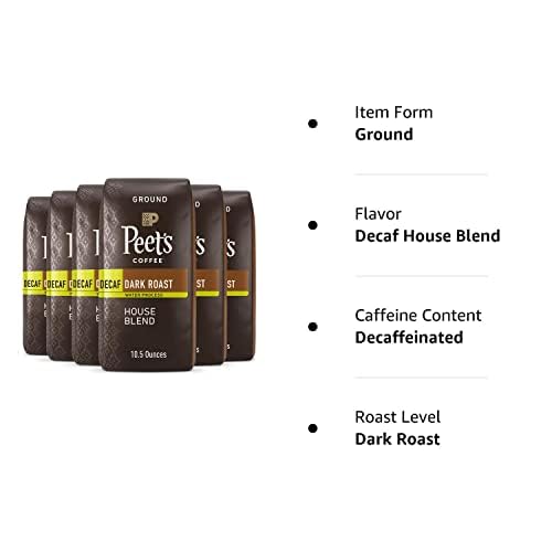 Peet's Coffee, Dark Roast Ground Coffee - Decaf House Blend 63 Ounces (6 Bags of 10.5 Ounces)
