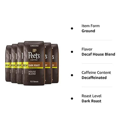 Peet's Coffee, Dark Roast Ground Coffee - Decaf House Blend 63 Ounces (6 Bags of 10.5 Ounces)