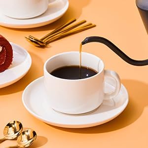 Coffee Cups and Saucers Set of 6 with Stainless Steel spoons, 8oz Ceramic Cappuccino Cups Set, White Durable Porcelain Cups for Tea, Espresso, Latte, Mocha