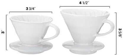 Pour Over Coffee Dripper - Ceramic Slow Brewing Accessories for Home, Cafe, Restaurants - Easy Manual Brew Maker Gift - Strong Flavor Brewer - V02 Paper Cone Filters - White, 2 Cup