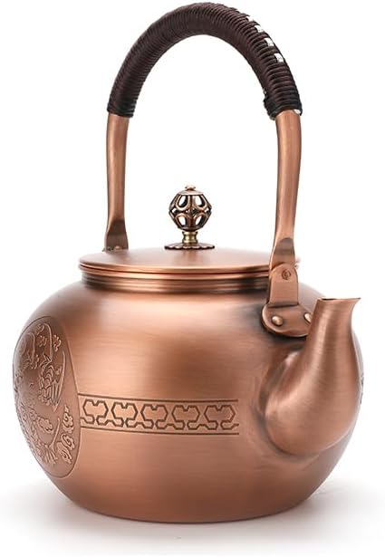 KunwuShan KWS Handmade Copper Teapot, 1.5mm Thick, 1600ml, Red, No Coating, Pure Copper, Large Size, With Lid