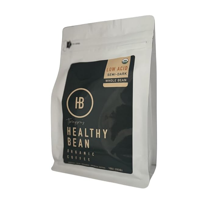 Healthy Bean Organic Low Acid Coffee Beans - USDA Organic Mold-Free, Superfood Infused, Clean and Healthy - Low Acid for Sensitive Stomachs - Semi-Dark Roast Coffee Beans, 10oz (1-Pack)