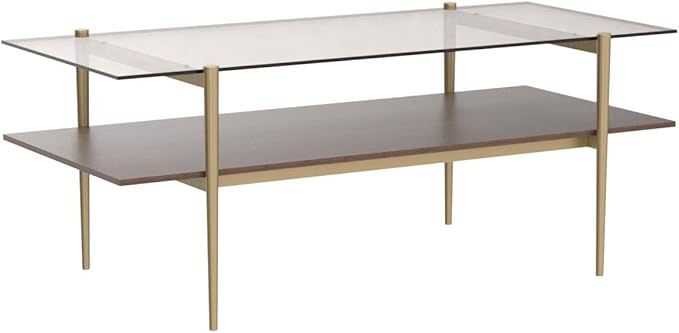 AGV LIGHTING Tadio Glass Coffee Table, Mid-Century Modern Coffee Table for Living Room, Gold Finish Leg, Coffee Brown Glass Top & Walnut Shelf, 41 in Length