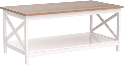 PHI VILLA Farmhouse Coffee Table for Living Room, White Coffee Tables with Storage Rustic Style Modern End Table Set