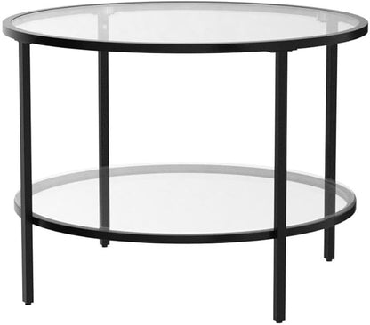 VINGLI 25.6" Round Black Coffee Tables for Living Room, 2-Tier Glass Top Coffee Table with Storage Clear Coffee, Simple & Modern Center Table for Small Space