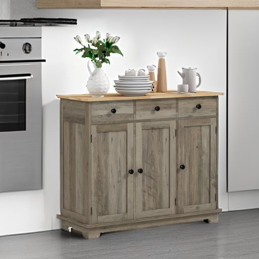 HOMCOM Sideboard with Solid Wood Countertop, Modern Kitchen Storage Cabinet, Coffee Bar Cabinet with 3 Drawers, Doors and Adjustable Shelf, Distressed Gray
