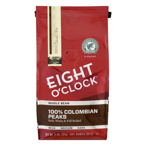 Eight O'Clock Coffee 100% Colombian Peaks Whole Bean Coffee, Medium Roast, 11 Ounce (Pack of 1) - Rich, Winey & Full Bodied