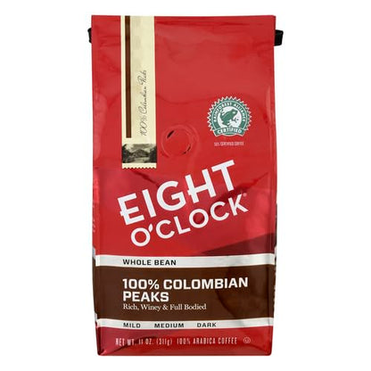Eight O'Clock Coffee 100% Colombian Peaks Whole Bean Coffee, Medium Roast, 11 Ounce (Pack of 1) - Rich, Winey & Full Bodied