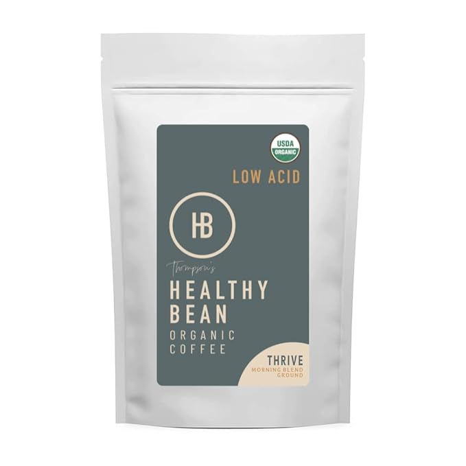 Healthy Bean Organic Ground Coffee Thrive Morning Blend - Low Acid Coffee Grounds for Sensitive Stomach - Medium Roast Blend, USDA Organic, High Antioxidants, Smooth and Rich Flavor, 11oz