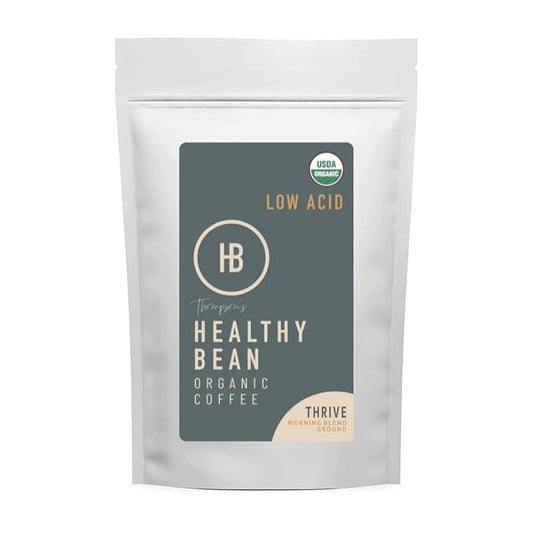 Healthy Bean Organic Ground Coffee Thrive Morning Blend - Low Acid Coffee Grounds for Sensitive Stomach - Medium Roast Blend, USDA Organic, High Antioxidants, Smooth and Rich Flavor, 11oz