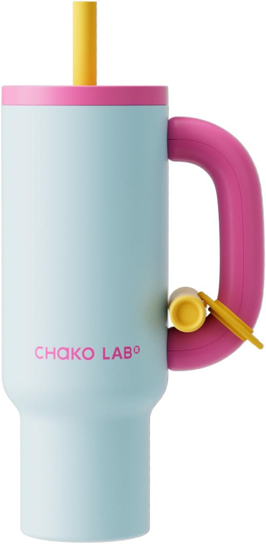 BaWang Insulated Stainless Steel Tumbler | Tumbler with Handle and Straw 33oz | Cup Holder Friendly for Travel | Leakproof Water Bottle | BPA-Free | 316 stainless steel liner| pink＆blue