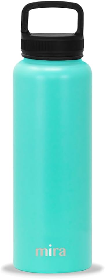 MIRA 40 oz Insulated Water Bottle - Stainless Steel Sports Flask with 2 Lids (Straw & Handle) - Cold Drink Thermo - Teal