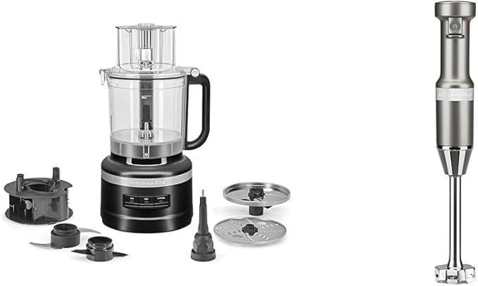 KitchenAid 13-Cup Food Processor, Black Matte & Variable Speed Corded Hand Blender KHBV53, Contour Silver