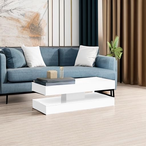 Uspeedy 47.3in Large High Glossy LED Coffee Table with 2 Storage Drawers,Black/White Modern Coffee Tables for Living Room,Living Room Tables,APP LED Lights (White)