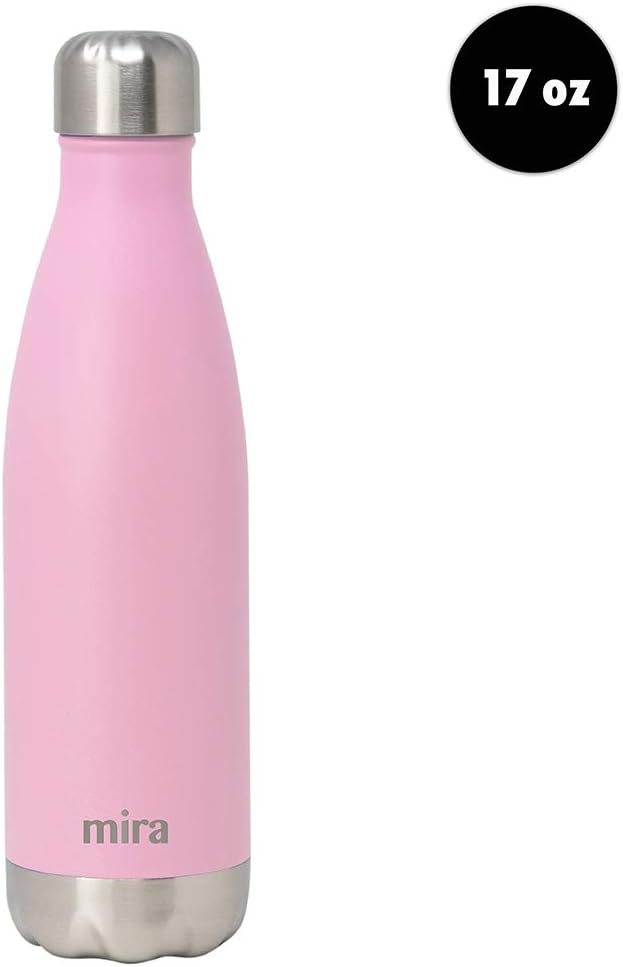 MIRA 17 Oz Stainless Steel Vacuum Insulated Water Bottle - Double Walled Cola Shape Thermos - 24 Hours Cold, 12 Hours Hot - Reusable Metal Water Bottle - Leak-Proof Sports Flask - Rose Pink