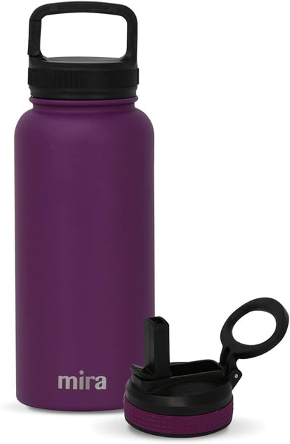 MIRA 32 oz Insulated Water Bottle - Stainless Steel Sports Flask with 2 Lids (Straw & Handle) - Cold Drink Thermo - Iris
