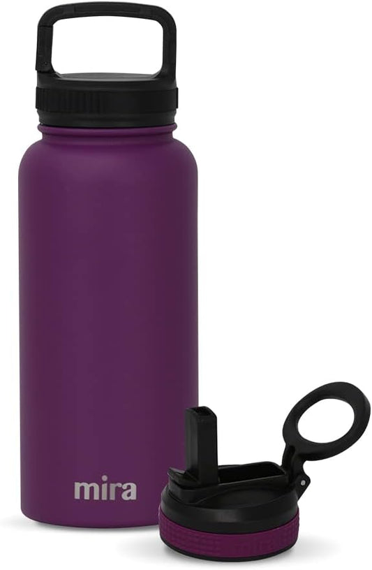 MIRA 32 oz Insulated Water Bottle - Stainless Steel Sports Flask with 2 Lids (Straw & Handle) - Cold Drink Thermo - Iris
