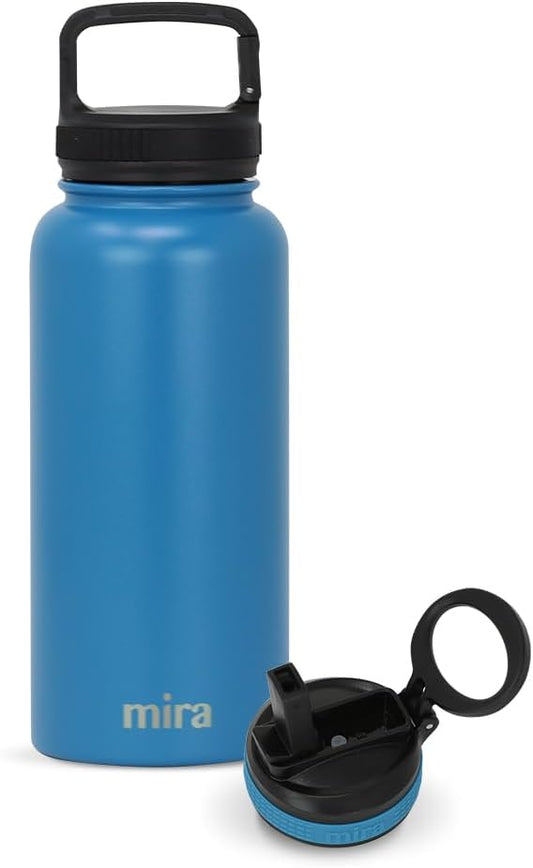 MIRA 32 oz Insulated Water Bottle - Stainless Steel Sports Flask with 2 Lids (Straw & Handle) - Cold Drink Thermo - Hawaiian Blue