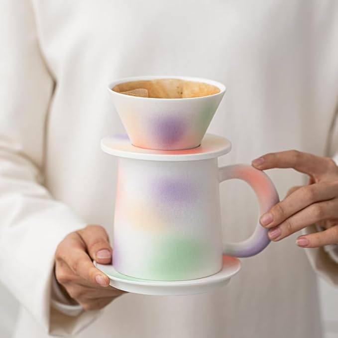 Handmade Color Rainbow Pour Over Coffee Maker Set, Ceramic Coffee Dripper Brewer Heat Resistant Coffee Pot Decanter ACM05C