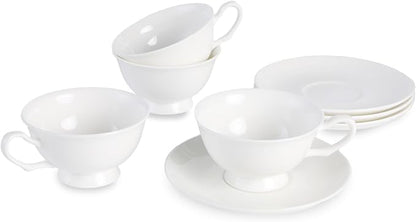 Fine Bone China Espresso Cups and Saucers Set of 4, 5 Oz Classic Plain White Luxury Ceramic Coffee Cups Set, for Wedding, Afternoon Tea, Gift, Work, Festival