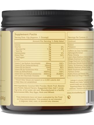 More. Longevity & Wellbeing Mushroom Superfood Blend with Natural Caffeine – 7 Functional Mushrooms with Lion’s Mane Supplement, Reishi, Chaga & Ashwagandha Extract , Instant Mushroom Supplement for Energy & Focus – Coconut Banana