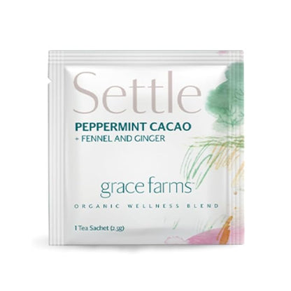 Grace Farms SETTLE Wellness Organic Tea Blend (100 Enveloped Pyramid Sachets w/ String & Tag) | Peppermint Cacao | Relaxing and Digestive Support | Fairtrade and Kosher | Filled With Antioxidants and Stress-Relieving Herbs | Gives Back 100% of Profits