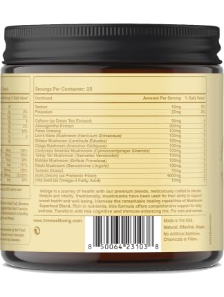 More. Longevity & Wellbeing Mushroom Superfood Blend with Natural Caffeine – 7 Functional Mushrooms with Lion’s Mane Supplement, Reishi, Chaga & Ashwagandha Extract , Instant Mushroom Supplement for Energy & Focus – Coconut Banana