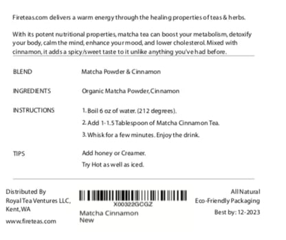 FIRE TEAS Matcha Cinnamon Powder - Organic Matcha Cinnamon Green Tea Powder