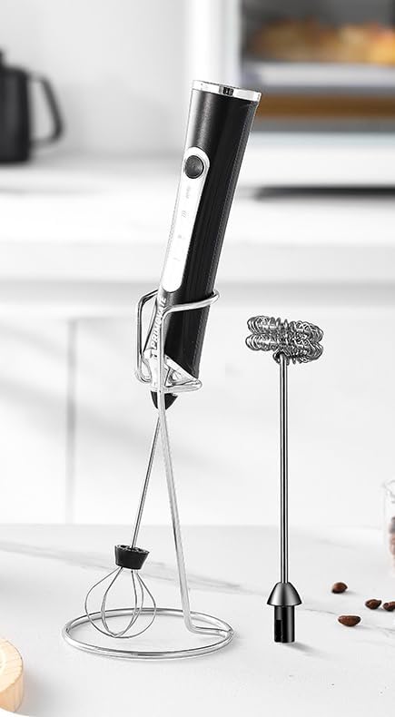 Handheld Milk Frother, Handheld Coffee Whisk, Low-Noise, USB Rechargeable, Black and White Color (Black with Stand)