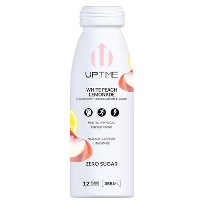 UPTIME Energy Drink, White Peach Lemonade Sparkling, 12 Pack, Vitamin C, L Theanine, Calcium, Sugar Free Energy Drinks for Focus Support, 142mg of Natural Caffeine, 5 Calories, Clean, 12 fl oz Cans