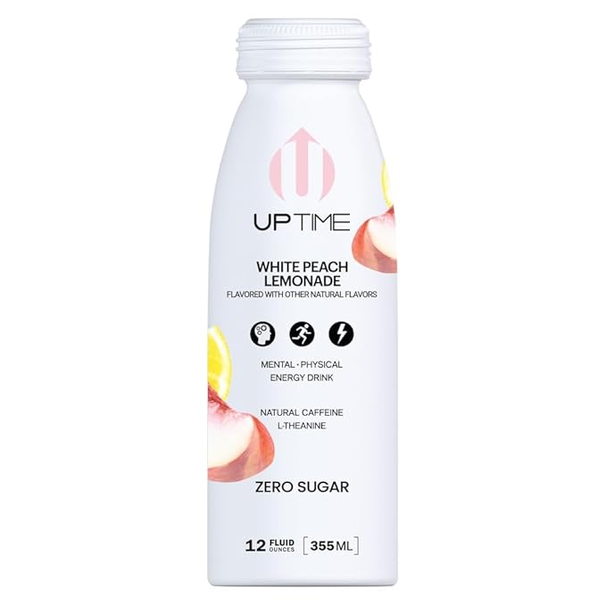UPTIME Energy Drink, White Peach Lemonade Sparkling, 12 Pack, Vitamin C, L Theanine, Calcium, Sugar Free Energy Drinks for Focus Support, 142mg of Natural Caffeine, 5 Calories, Clean, 12 fl oz Cans
