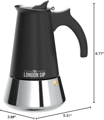 London Sip Stainless Steel Stovetop Espresso Maker Moka Pot Italian Coffee Percolator, Matte Black, Small (5.07 oz)