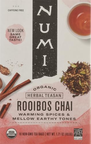 Numi Organic Rooibos Chai Tea, 18 Caffeine Free Herbal Bags, Microplastic Free, Rich Flavor with Cinnamon, Allspice & Ginger (Pack of 2)