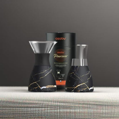 asobu Insulated Pour Over Coffee Maker (32 oz.) Double-Wall Vacuum, Stainless-Steel Filter and Take on the Go Carafe (Midnight Marble)