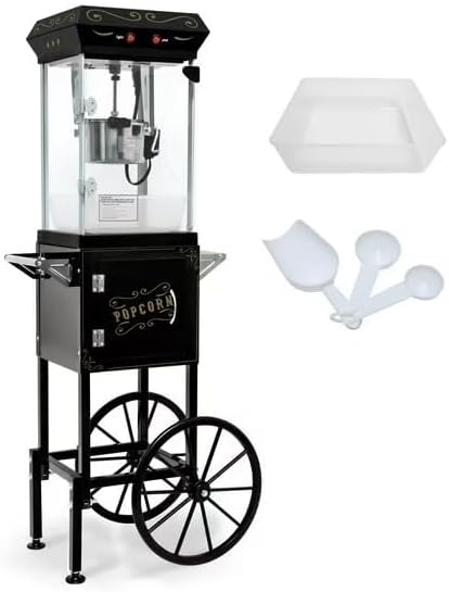 Commercial Popcorn Machine with Cart & 8 Oz Pot, Stainless Steel Vintage Style Popcorn Maker with Wheels, Lockers & Oil Spoon for Home Theater, Parties, Business
