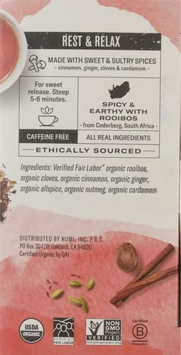 Numi Organic Rooibos Chai Tea, 18 Caffeine Free Herbal Bags, Microplastic Free, Rich Flavor with Cinnamon, Allspice & Ginger (Pack of 2)