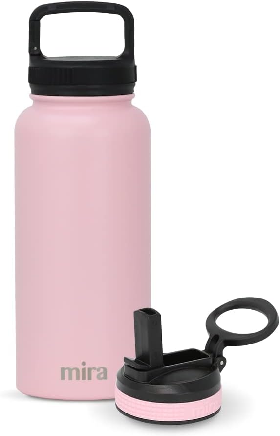 MIRA 32 oz Insulated Water Bottle - Stainless Steel Sports Flask with 2 Lids (Straw & Handle) - Cold Drink Thermo - Taffy Pink
