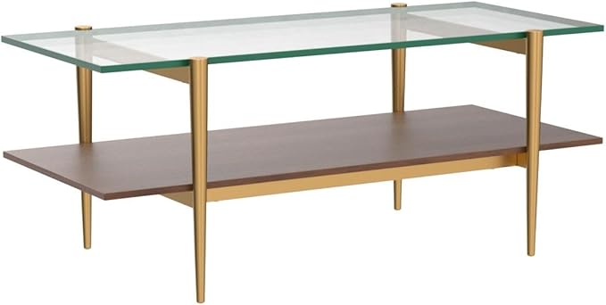 AGV LIGHTING Tadio Glass Coffee Table, Mid-Century Modern Coffee Table for Living Room, Gold Finish Leg, Clear Glass Top & Walnut Brown Wood Shelf, 41 in Length