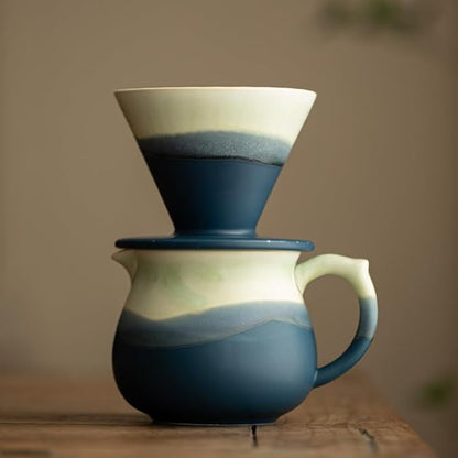 Handmade Gradient White Blue Pour Over Coffee Maker with Pour Set Fambe Ceramic Coffee Dripper Brewer Heat Resistant Coffee Pot Decanter ACM07G