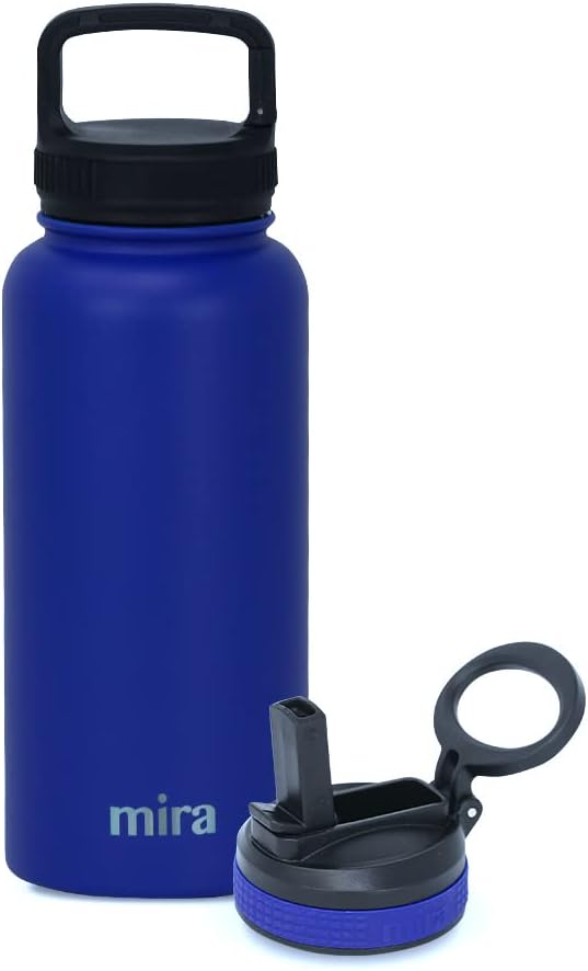 MIRA 32 oz Insulated Water Bottle - Stainless Steel Sports Flask with 2 Lids (Straw & Handle) - Cold Drink Thermo - Blue