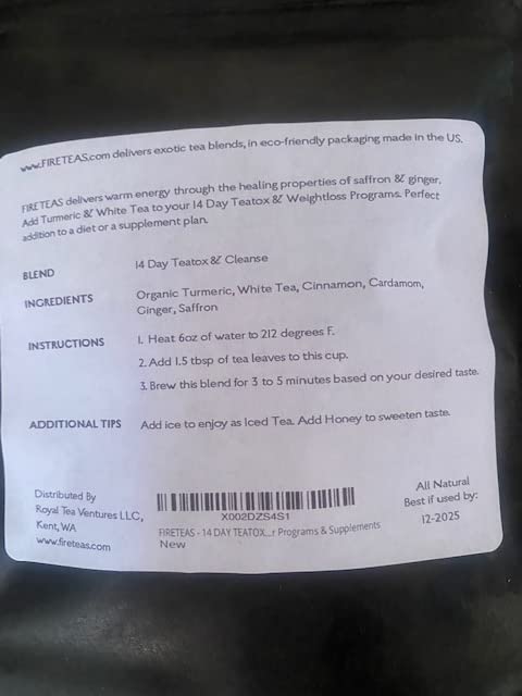 FIRE TEAS - 14 DAY TEA CLEANSE - Organic Turmeric (Curcumin), Ginger, White Peony Tea, Cardamom, Cinnamon, Hibiscus & Saffron - 20 Times More Anti Oxidants - Manufactured in the USA