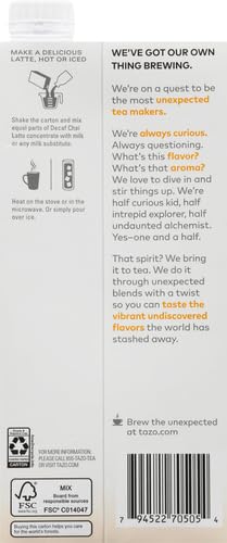 TAZO Decaf Chai Latte, Black Tea Concentrate, Easy-to-Serve Chai Tea for Everyday Lattes, Hot or Iced Tea and Mocktails, 32 oz Tea Mix Carton