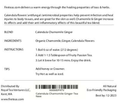 FIRE TEAS Calendula Chamomile Herbal Tea w/Ginger - Great Health Benefits & Antioxidant Rich, Beautiful Mix of Herbal Flowers, healthy -