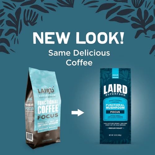 Laird Superfood Focus Coffee, Medium Roast Ground Coffee Infused with Functional Mushrooms and Botanical Adaptogens, 12 oz. Bag