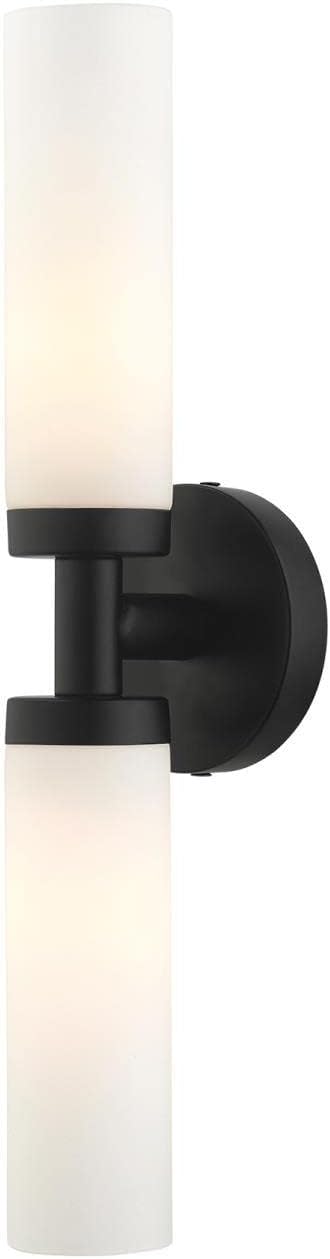 Livex Lighting 10104-04 Aero Collection ADA 2-Light Bathroom Vanity Light with Satin Opal White Glass Cylinder Shades, Black, 18 x 4.25