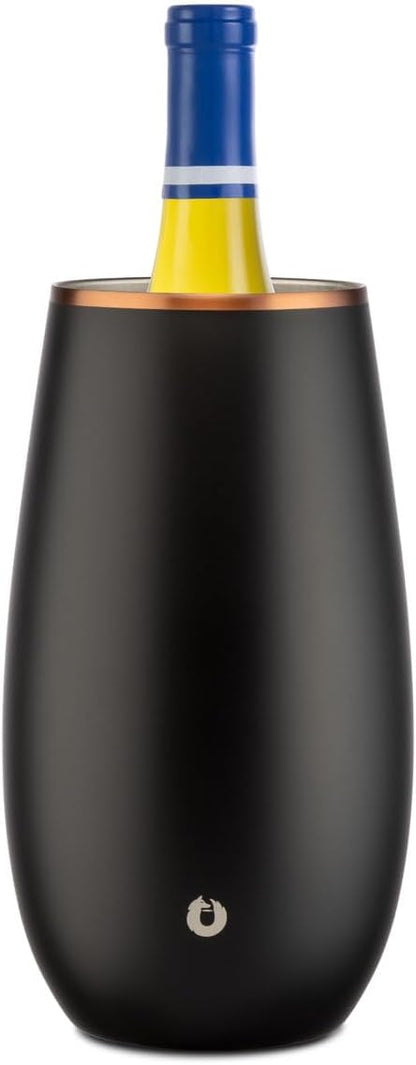 SNOWFOX Premium Vacuum Insulated, Triple Walled, Stainless Steel Wine Chiller w/Optimal fit to keep wine cold longer. Fits most Wine and Champagne Bottles. Non-Slip Silicon Base, Black with Gold Rim