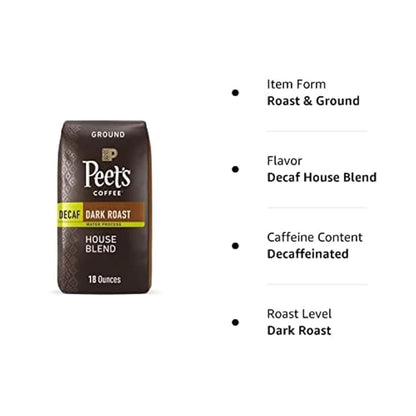 Peet's Coffee, Dark Roast Ground Coffee - Decaf House Blend 36 Ounces (2 Bags of 18 Ounces)