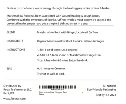 FIRE TEAS Organic Marshmallow Root & Ginger Herbal Tea w/Saffron & Licorice - Helps Pain & Swelling Issues - Mucous Membranes, Respiratory System & Lung Cleansing -